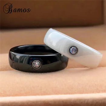 Luxusní Muži Ženy Bílý Černý Keramický Prsten 6mm Titanové Oceli Snubní Prsteny Pro Pár Crystal Zirkon Kámen Zásnubní Prsten