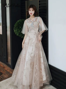 Luxusní Nášivky 3D Květ-line Floor délka Lesklé Třpytky Tylu Šampaňské Ženy Večerní Šaty Dlouhé 2020