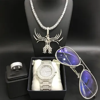 Luxusní Pánské Stříbrné Barevné Hodinky & Náhrdelník & Prsten & Sklo Combo Set Led Kubánské Šperků Crystal Miami náhrdelník Hip Hop Pro Muže