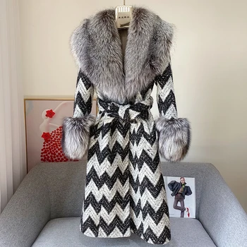 Luxusní Přírodní pravé Kožešiny Kabát Ženy Super Velké Velké Fox Kožešinovým Límcem a Manžety Houndstooth vlněné kabát