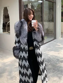 Luxusní Přírodní pravé Kožešiny Kabát Ženy Super Velké Velké Fox Kožešinovým Límcem a Manžety Houndstooth vlněné kabát