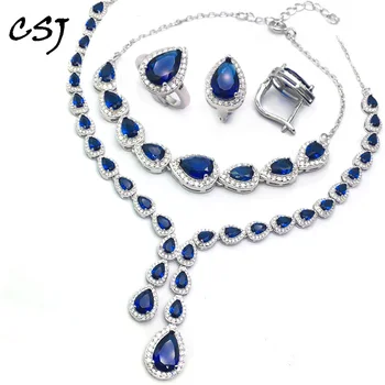 Luxusní Safír Šperky Sady 925 Sterling Silver Vytvořili Sapphire Jemné Šperky Ženy Lady Party Svatební Dárek S Box