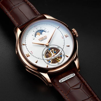 Luxusní Značka NESUN Duté Tourbillon Muži Fáze Měsíce Hodinky Podnikání náramkové Pánské Náramkové hodinky Vodotěsné Mužské Hodiny