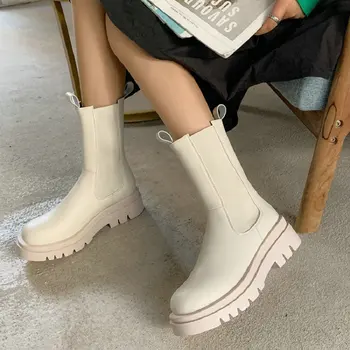 Luxusní značky kolo toe platforma kotníkové boty pro ženy slip-na robustní podpatky zimní teplé fleece chelsea boty žen velké velikosti 43