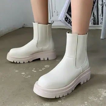 Luxusní značky kolo toe platforma kotníkové boty pro ženy slip-na robustní podpatky zimní teplé fleece chelsea boty žen velké velikosti 43