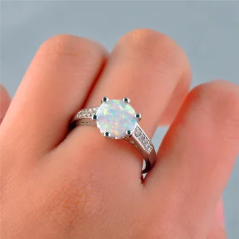 Luxusní Ženy Modrý Bílý Opál Šperky Elegantní Crystal Stříbrná Barva Snubní Prsteny Pro Ženy, Roztomilé Svatební Kulatý Zapojení Tenký Kroužek
