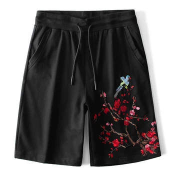 Lyprerazy Letní Šortky Muži Módní Čínském stylu výšivky květinové kalhoty Mužské volné Plus Velikosti rovné Šortky Kalhoty