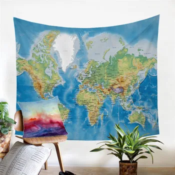 Mapa světa Gobelín Modrá Tištěné Mikrovlákno Tkaniny Zavěšení na Zeď Home Dekor Prostěradlo 130x150 Cestovní Přehozy