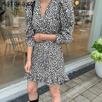 MATAKAWA Retro Krátké Módní Leopard Tisk V-neck Ženy Oblékat Korea Elegantní Štíhlý Pas Puff Sleeve Prohrábnout Šaty