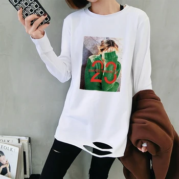 Mid-délka hole s dlouhým rukávem T-shirt jaře a na podzim ženy Topy, módní korejský volné tištěné západní styl stlačena košili