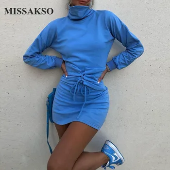 Missakso Ženy Rolák Modré Šaty Krajka Up Streetwear Elegantní Dlouhý Rukáv Módní Ženy Party Podzim Zimní Pletené Mini Šaty