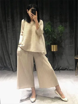 Miyak skládaný oblek 2019 letní nové high-end temperament širokou nohu kalhoty suit ženy volné tenký odstavci skládaný kalhoty suit ženy