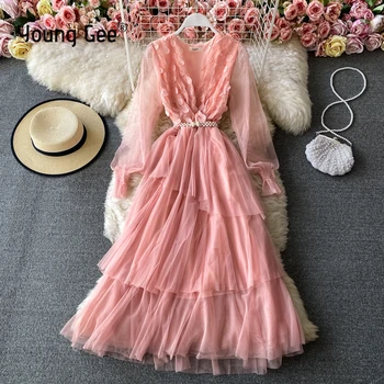 Mladí Páni bílá krajka šaty ženy sladké mesh dlouhé rukávy v-neck květinové růžové elegantní nepravidelné vícevrstvé šaty korálkový pás