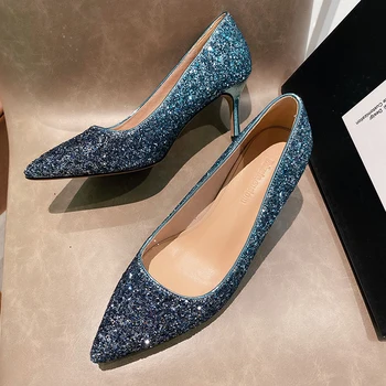 MNIXUAN Glitter Podpatky 2019 Dámské Boty luxusní sexy tenké modré vysoké podpatky skluzu na šaty party boty stříbrné svatební svatební Boty