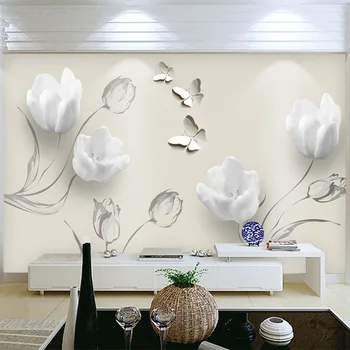 Moderní Bílé Květy Samolepící Nástěnné Tapety Obývací Pokoj TV, Pohovka Ložnice Domácí Dekor Foto Tapety 3D Nepromokavé Plátno