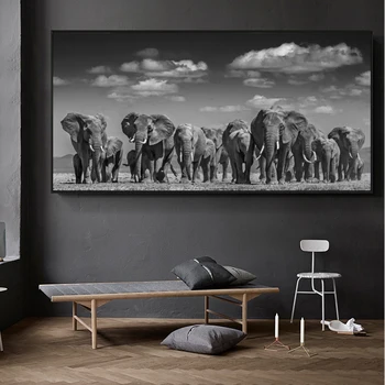 Moderní Černý Slon Africký Stádo Plakáty a Tisky Wall Art Malířské Plátno Zvířat Obrázky pro Obývací Pokoj Dekor Cuadros