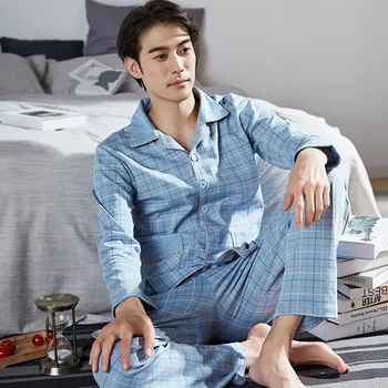 Modré Kostkované Bavlněné Pyžama Hombre Dlouhé Rukávy oblečení na Spaní Tlačítko-Dolů korejské Pyžamo pro Muže, Čisté Bavlněné Pyžamo PJ Plus Velikost