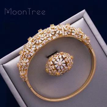 MoonTree Lesklé Plné Zirkon Květiny AAA Zirkony Zlaté Šperky Mědi Strany Saúdské arabské Dubaji Náramek Prsten Svatební
