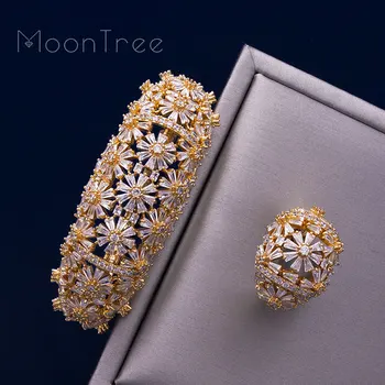 MoonTree Lesklé Plné Zirkon Květiny AAA Zirkony Zlaté Šperky Mědi Strany Saúdské arabské Dubaji Náramek Prsten Svatební