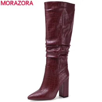 MORAZORA Plus velikost 34-43 Nové ženy, boty husté vysoké podpatky podzim zimní boty kovboj západní kolena vysoké boty dámské boty