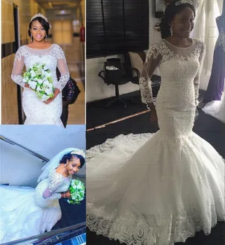 Mořská panna skromný Svatební Šaty Dlouhý Rukáv 2021 Plus Velikost Africké Nigérie Krajky Pošity Korálky svatební Svatební Šaty