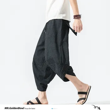 MrGoldenBowl Obchod Baggy Bavlněné Povlečení Harem Kalhoty 2020 Japonsko Vintage Pruhované Muži Ženy Hip Hop Plus Velikost Širokou Nohu Kalhoty Pantalone