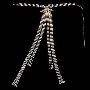 Multirows Drahokamu Dlouhý Střapec Luk náhrdelník Náhrdelník Klíční kost Řetěz pro Ženy Crystal Obojek Prohlášení Náhrdelník Svatební Šperky