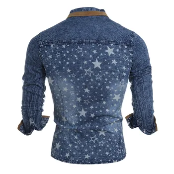 Muži pěticípá Hvězda Tisk s Dlouhým rukávem Slim Džínové Košile Módní Pánské Modré Bavlněné Podzimní Košile Pro muže Nice M-2XL