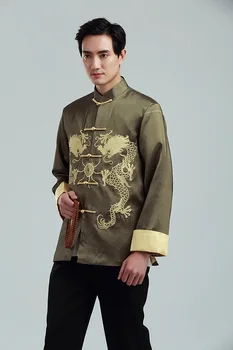 Muži Tradiční Čínské Tang Oblek Dragon Výšivky Topy, Bundy Kung Fu Hanfu Volná Halenka Košile Orientální Módní Oblečení
