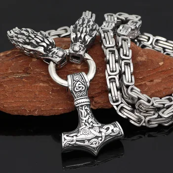 Muži z Nerezové oceli Nordic viking vlčí hlavy s thor kladivo přívěskem náhrdelník s Král řetěz