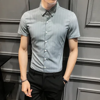 Módní 2020 Letní Muži Pruhované Tričko Značky New Slim Fit Krátký Rukáv Pánské Společenské Košile Ležérní Jednoduché Celý Zápas Halenka Homme