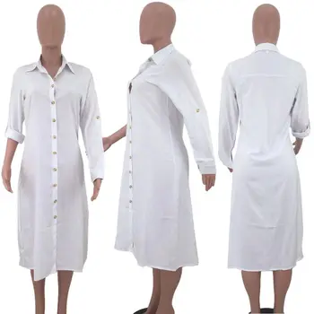 Módní Bílá Košile Šaty Elegantní Kancelářské Dámy Dlouhý Rukáv Volné Prostý Zase Dolů Límec Žena Plus Velikost Midi Šaty Letní