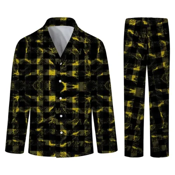 Módní Design 3D Pyžamo Muži Měkké Ležérní oblečení na Spaní Unisex Černé Zlaté Kostkované Vysoce Kvalitní Košili Volné Prodyšné Pyžamo