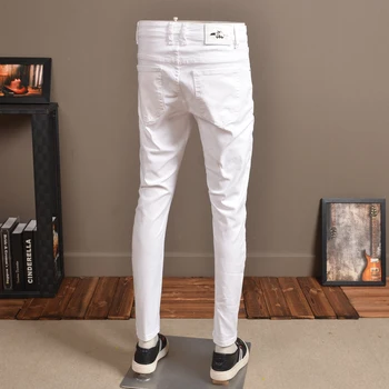 Módní Muži Džíny Streetwear Elastické Bílé Zoufalý Kalhoty pro Kovboje