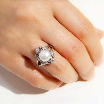 Módní prsten, 8-9mm přírodní sladkovodní pearl, stříbrný prsten, zirkon nastavitelný, ženský prsten, zásnubní perlový prsten