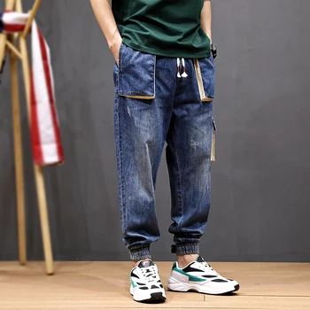 Módní Streetwear Muži Džíny Loose Fit Vintage Harem Kalhoty Multi Kapsy Džínové Kalhoty Slack Spodní Hip Hop Jogger Džíny Muži