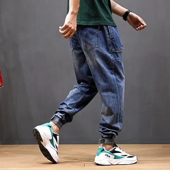 Módní Streetwear Muži Džíny Loose Fit Vintage Harem Kalhoty Multi Kapsy Džínové Kalhoty Slack Spodní Hip Hop Jogger Džíny Muži