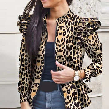 Módní Ženy Leopard Tisk Kabáty Bundy Podzim Stojan Límec Na Zip Prohrábnout Dlouhý Rukáv Kabát Ležérní Módní Svetr Svrchních Oděvů
