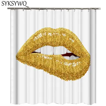 Módní Ženy Sexy Sprchový Závěs Polyester Gold Lip Koupelna Opona Velká Ústa Nordic Vana Závěsy Zářící Zlato Duschvorhang