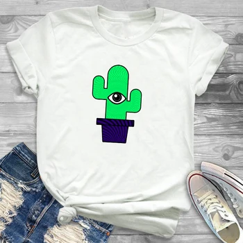 Módní Ženy Tisk Roztomilý Kočka Kaktus Lady Dámské Krátký Rukáv T-Shirt Tričko Grafické T Košile Roztomilé Ženy Tees T-košile