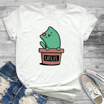 Módní Ženy Tisk Roztomilý Kočka Kaktus Lady Dámské Krátký Rukáv T-Shirt Tričko Grafické T Košile Roztomilé Ženy Tees T-košile