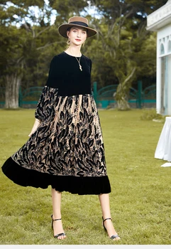 Na podzim Nové Ušlechtilý Hedvábí Hrnou Vysokým Pasem Šaty Vintage Lucerna Rukáv Volné Elegantní A-line Šaty S-XL