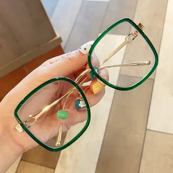 Nadrozměrné slitiny čtvercové jasné brýle pro ženy, vintage zelená oranžová velké brýle ženské transparentní elegantní odstíny černé šedé