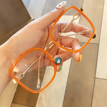 Nadrozměrné slitiny čtvercové jasné brýle pro ženy, vintage zelená oranžová velké brýle ženské transparentní elegantní odstíny černé šedé
