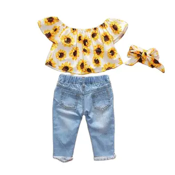 New Baby Girls Módní Oblečení Děti Oblečení Set Print T-shirt+Džíny 3ks Oblečení Letní Oblek Pro Holky Oblečení Děti Oblečení