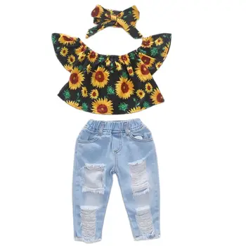 New Baby Girls Módní Oblečení Děti Oblečení Set Print T-shirt+Džíny 3ks Oblečení Letní Oblek Pro Holky Oblečení Děti Oblečení