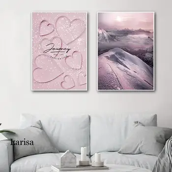 Nordic Růžová Fialová Krajina Plakátu, Sníh, Hory Peří Oblasti Plátno Obraz Krásné Domů Wall Art Dekorace Obrázek
