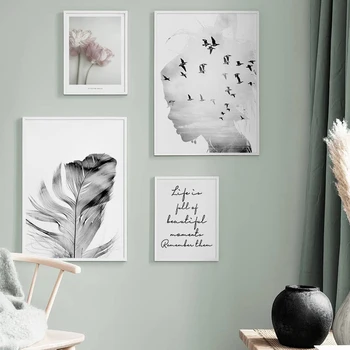 Nordic Zeď Umění, Malba Květin, Botanické Plátno Plakát Dívka Silueta Peří Tisk Obrázku Minimalistický Obývací Pokoj Domácí Dekor
