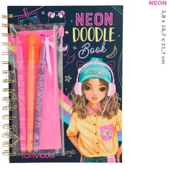 Notebook černá doodle neon listy s 3 gel TOP MODEL tužky, skicák, zápisník, barvy, samolepky, kreslení