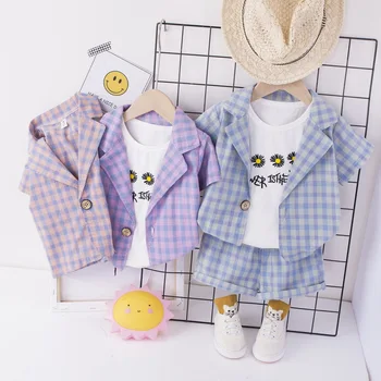 Novorozené dítě Chlapci letní oblečení oblečení oblečení sady kostkované sako + tričko + šortky ležérní oblek pro kojence baby boy oblečení sady
